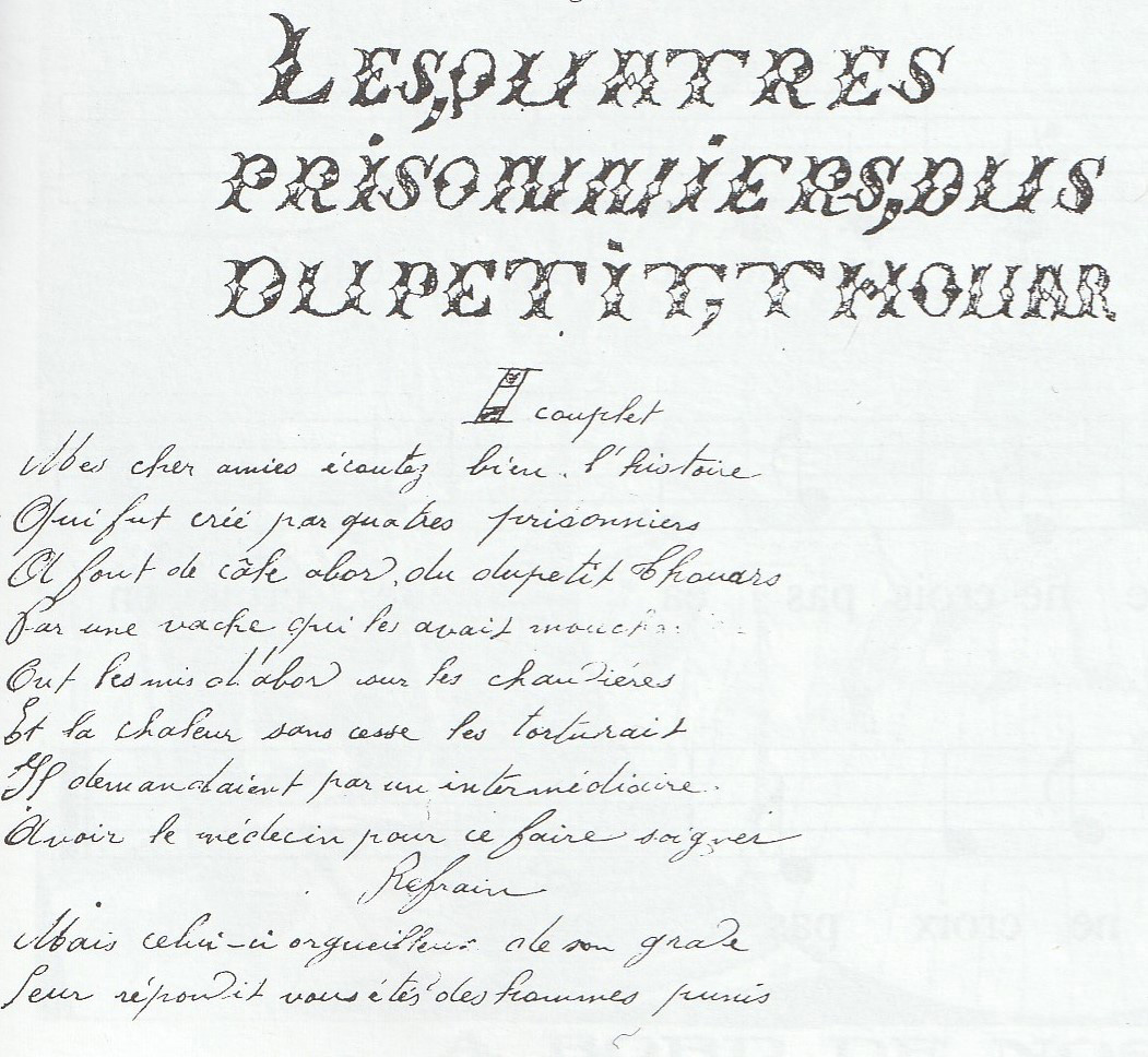 Chanson sur une punition à bord du navire croiseur Amiral Dupetit-Thouars (lancé en 1874) notée sur le cahier de Benjamin Moreau, de Croix-de-Vie (85) [coll. Arexcpo]